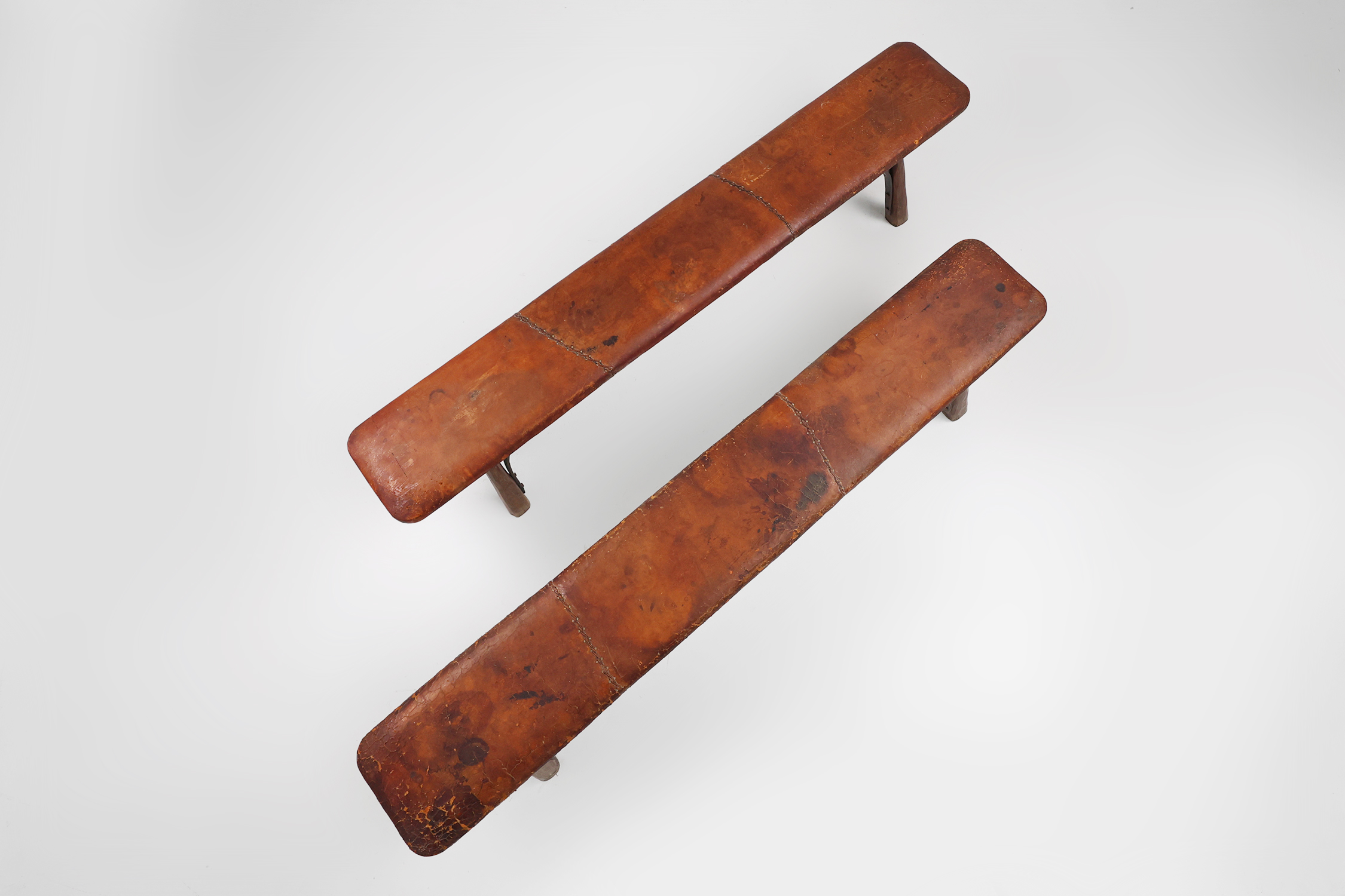 Two rare industrial gym benches in oak and wrought iron with leather topthumbnail